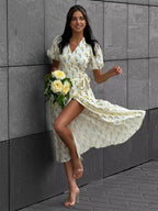 Pure Cotton Bandage Wrap-up Puff Sleeve Printed Comfort Maxi Dresses