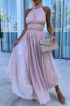 Halter Backless Waisted Tulle Maxi Dress