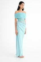Off Shoulder Ruched Mesh Waist Panel Draped Overlay Maxi Gown