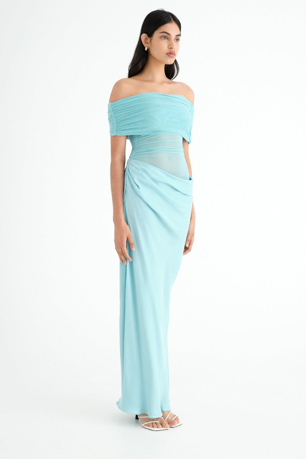 Off Shoulder Ruched Mesh Waist Panel Draped Overlay Maxi Gown