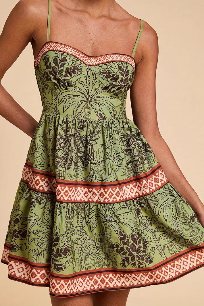 Green Spaghetti Strap Sweetheart Neck Geometric Trim Palm Print Tiered Mini Dress