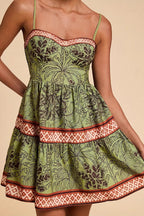 Green Spaghetti Strap Sweetheart Neck Geometric Trim Palm Print Tiered Mini Dress