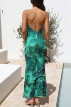 Abstract Floral Print Cowl Neck Spaghetti Strap Mermaid Maxi Dress