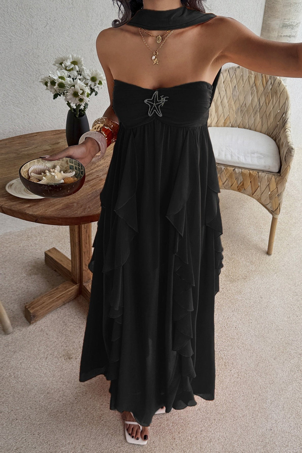 Strapless Starfish Detail Tiered Ruffle Chiffon Maxi Dress