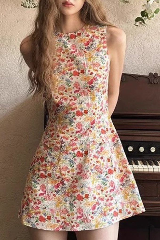 Ditsy Floral Print Crew Neck Ruched Tank Mini Dress