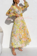Abstract Floral Print V-Neck Bishop Sleeve Wrap Waist Tiered Maxi Dress