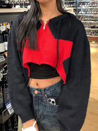 Contrast Color Star Hooded Crop Cardigan