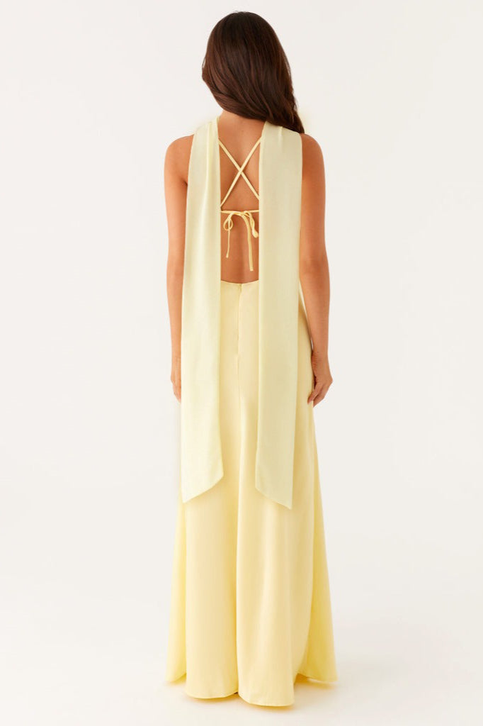Yellow V-Neck Tie Back Satin Maxi Dress