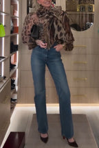 Peregrine Semi-sheer Silk Animal Print Bow Neck Balloon Sleeve Loose Blouse