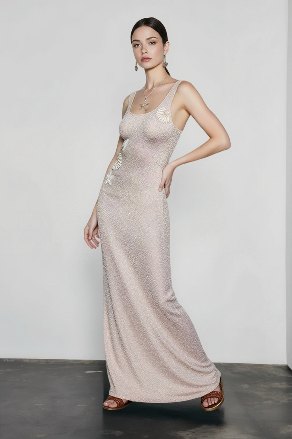Knit Sequin Seashell Starfish Applique Scoop Neck Midi Dress
