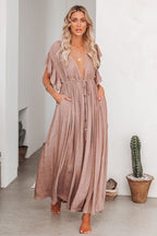 Deep V Neck Ruffle Sleeve Drawstring Waist Button Front Pocket Maxi Dress