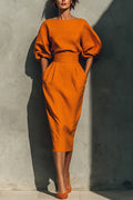 Elegant Puff Sleeve High-waisted Pocket Casual Midi Dress