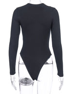 Bodysuit Light Apricot Long Sleeves Piping Stretch Notched Neckline Sexy Cotton Top For Women