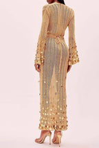 Sequin Knit Deep V-Neck Bell Sleeve Crochet Maxi Dress