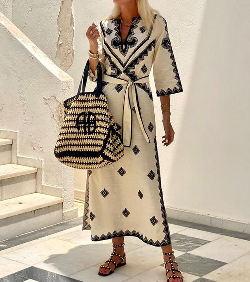 Geometric Embroidered V Neck Tie Waist Kaftan Maxi Dress