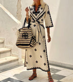 Geometric Embroidered V Neck Tie Waist Kaftan Maxi Dress