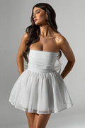 Strapless Glitter Mesh Ruched Bodice Bow Back Tiered Mini Dress