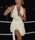 Lace Halter Neck Cowl Plunge Ruffle Tiered Waist Tie Mini Dress
