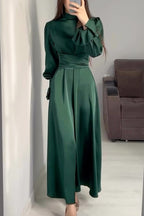 Mock Neck Bishop Sleeve Ruched Waist Satin Maxi Dress
