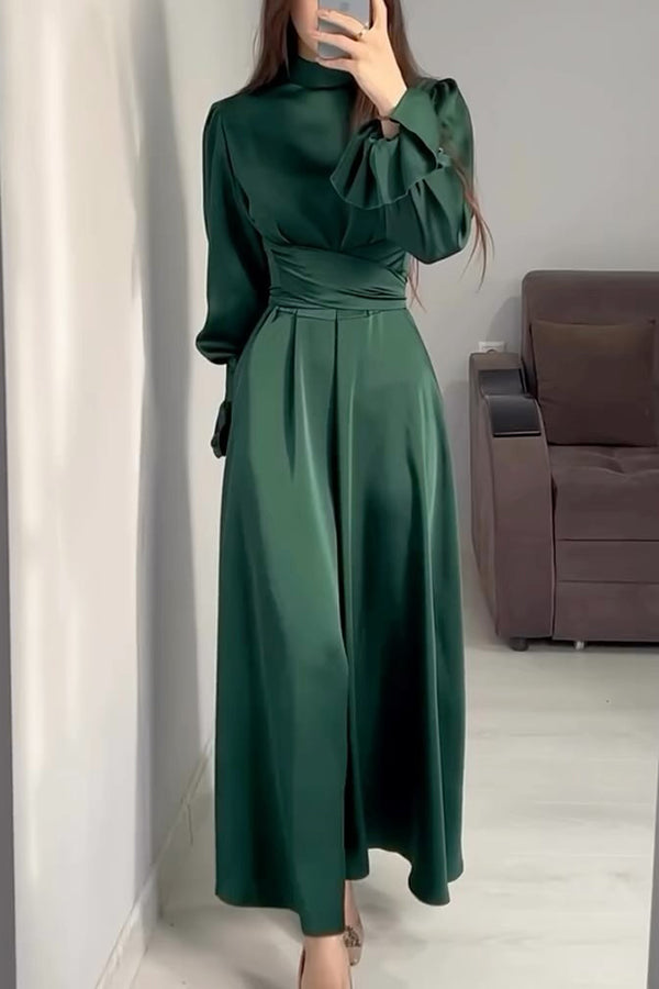 Mock Neck Bishop Sleeve Ruched Waist Satin Maxi Dress