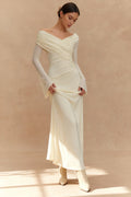 Off Shoulder Wrap Ruched Long Sleeve Sheer Sleeve Maxi Dress