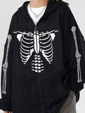 Skeleton Print Rhinestone Zip Up Oversized Hoodie