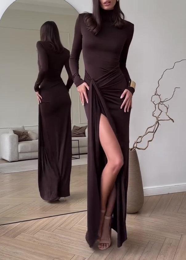 Mock Neck Long Sleeve Hip Knot Drape Panel Bodycon Maxi Dress