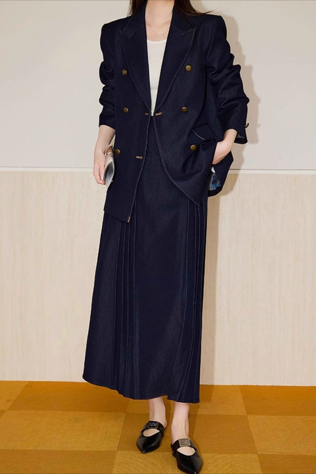 Textured Double Breasted Two Piece Blazer Skirt Set