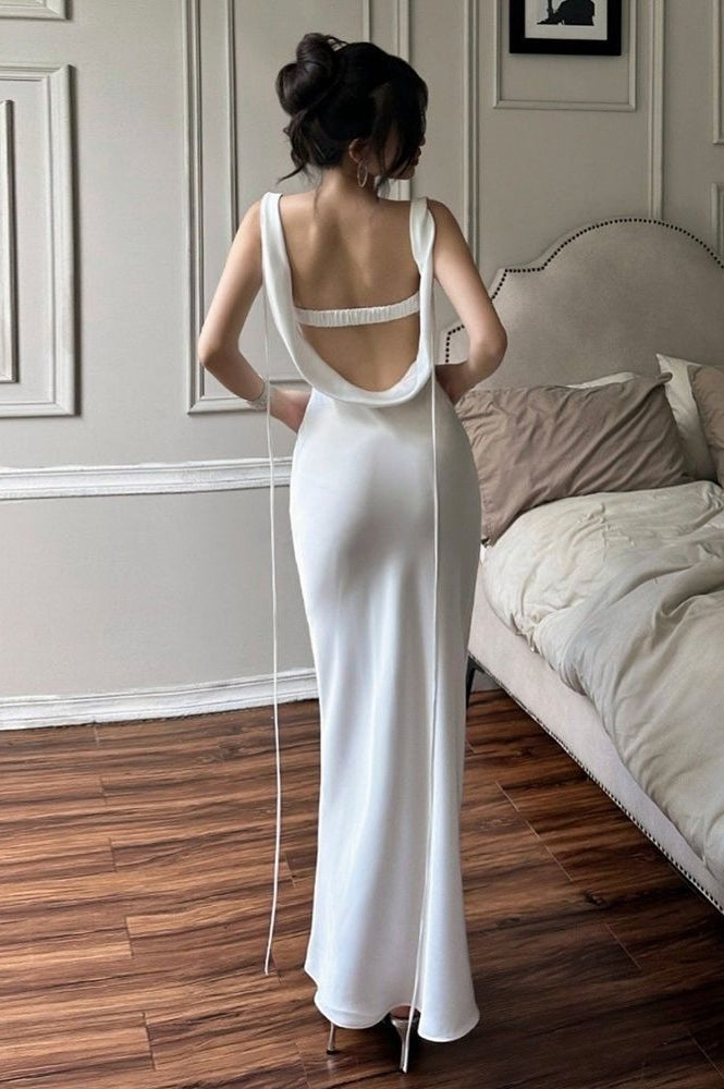 Satin Cowl Neck Lace Bustier Bow Accent Bodycon Maxi Gown