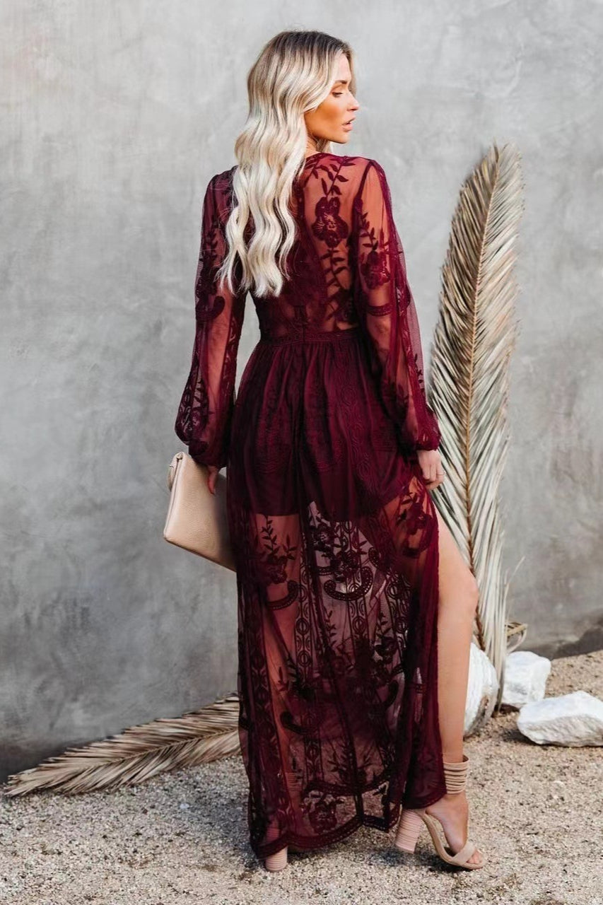Deep V Neck Long Sleeve Floral Embroidered Mesh High Slit Maxi Dress