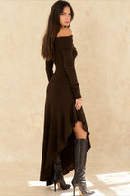 Off Shoulder Long Sleeve Asymmetric Ruffle Hem Knit Midi Dress