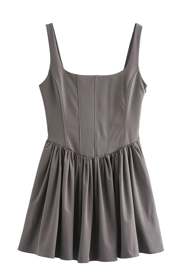 Velvet Square Neck Corset Seam Gathered Fit and Flare Mini Dress