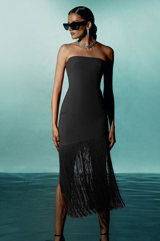 Strapless Fringe Layer High Split Bodycon Mini Dress