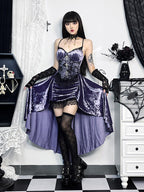 Floral Lace Corset Bodice Cross Detail Spaghetti Strap High Low Velvet Maxi Dress