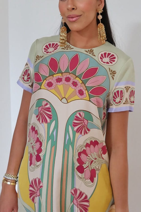 Jazlynn Satin Colorful Baroque Style Printed Short Sleeve Feather Trim Maxi Dress