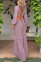 Geometric Print Deep V-Neck Balloon Sleeve O-Ring Waist Cut Out Maxi Dress