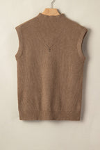 Light French Beige Solid Color Ribbed Knit Mock Neck Loose Sleeveless Sweater