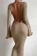 Crew Neck Ribbed Knit Ruffle Cuff Bodycon Maxi Sweater Dress