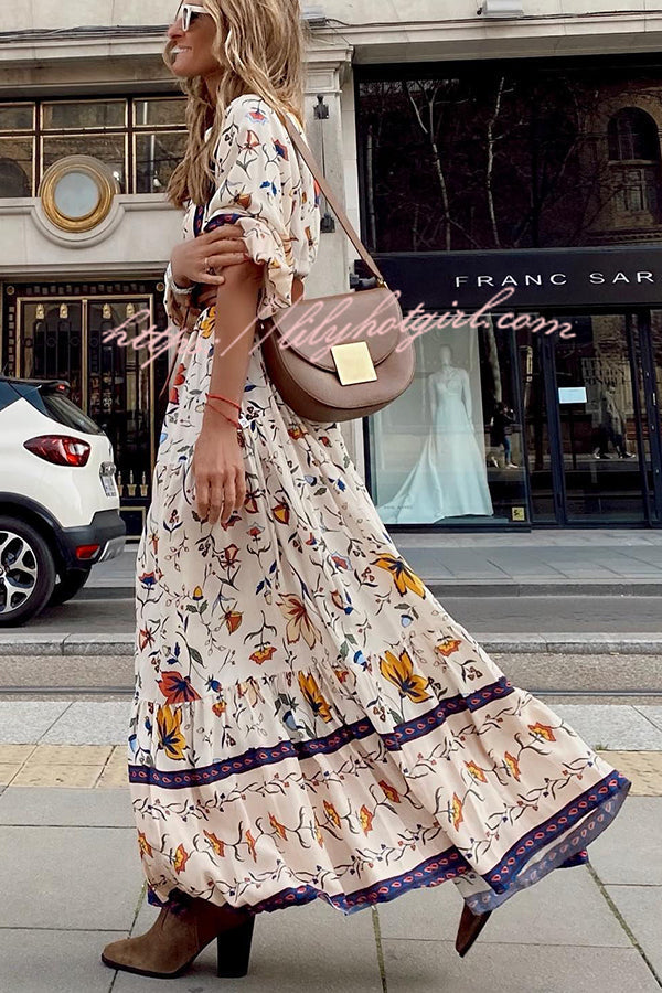 Botanical Floral Print V-Neck Button Front Bishop Sleeve Tiered Maxi Dress