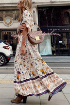 Botanical Floral Print V-Neck Button Front Bishop Sleeve Tiered Maxi Dress