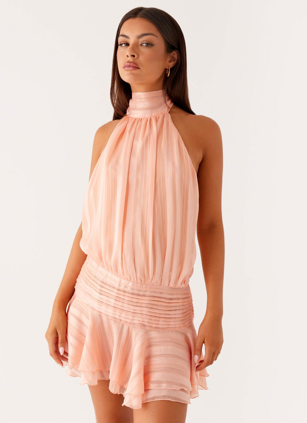 Striped Chiffon Halter Neck Smocked Waist Tiered Ruffle Hem Mini Dress