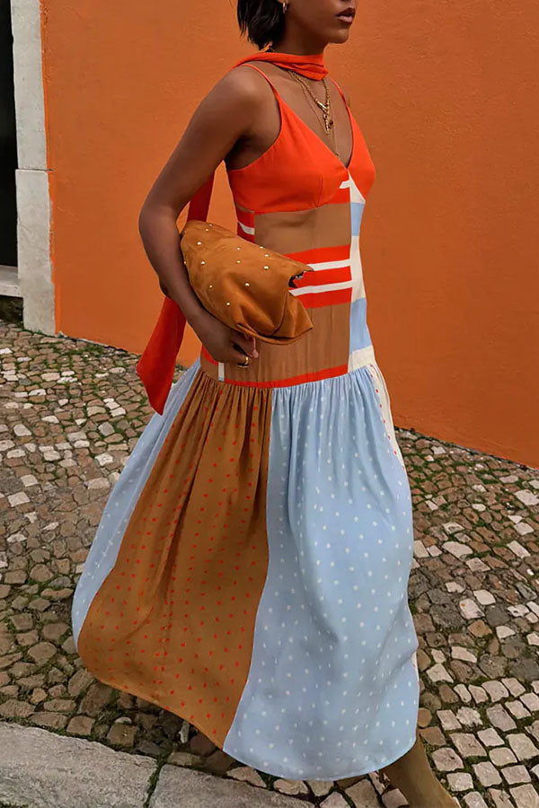 Vibrant Touch Color-blocked Polka Dot Print Slip Pleated Hem Maxi Dress