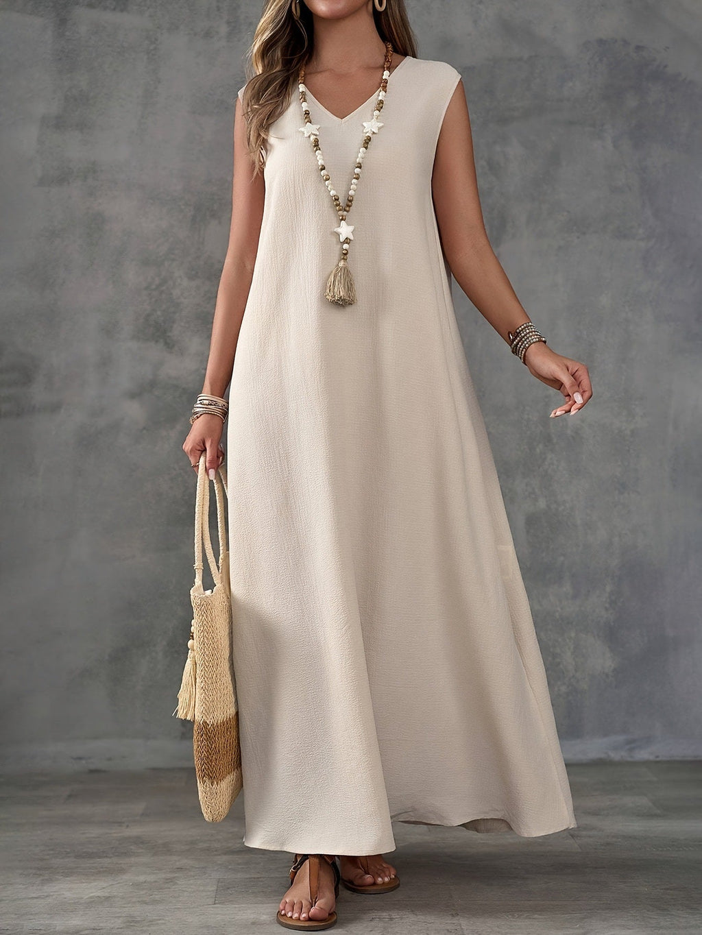 Women's V-Neck Sleeveless Solid Color Casual Loose Elegant Dress