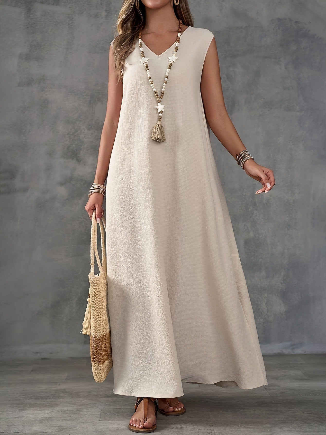 Women's V-Neck Sleeveless Solid Color Casual Loose Elegant Dress