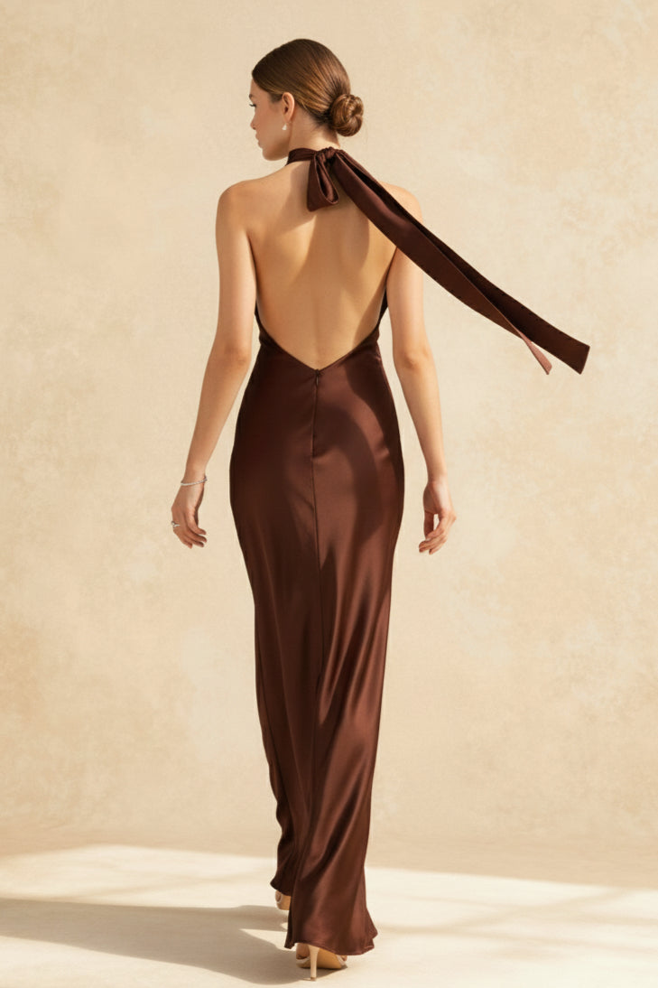 Satin Halter Neck Backless Draped Sash Button Detail Maxi Gown