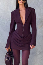 Solid Color Slim-fit V-neck Elegant Draped Formal Mini Dress