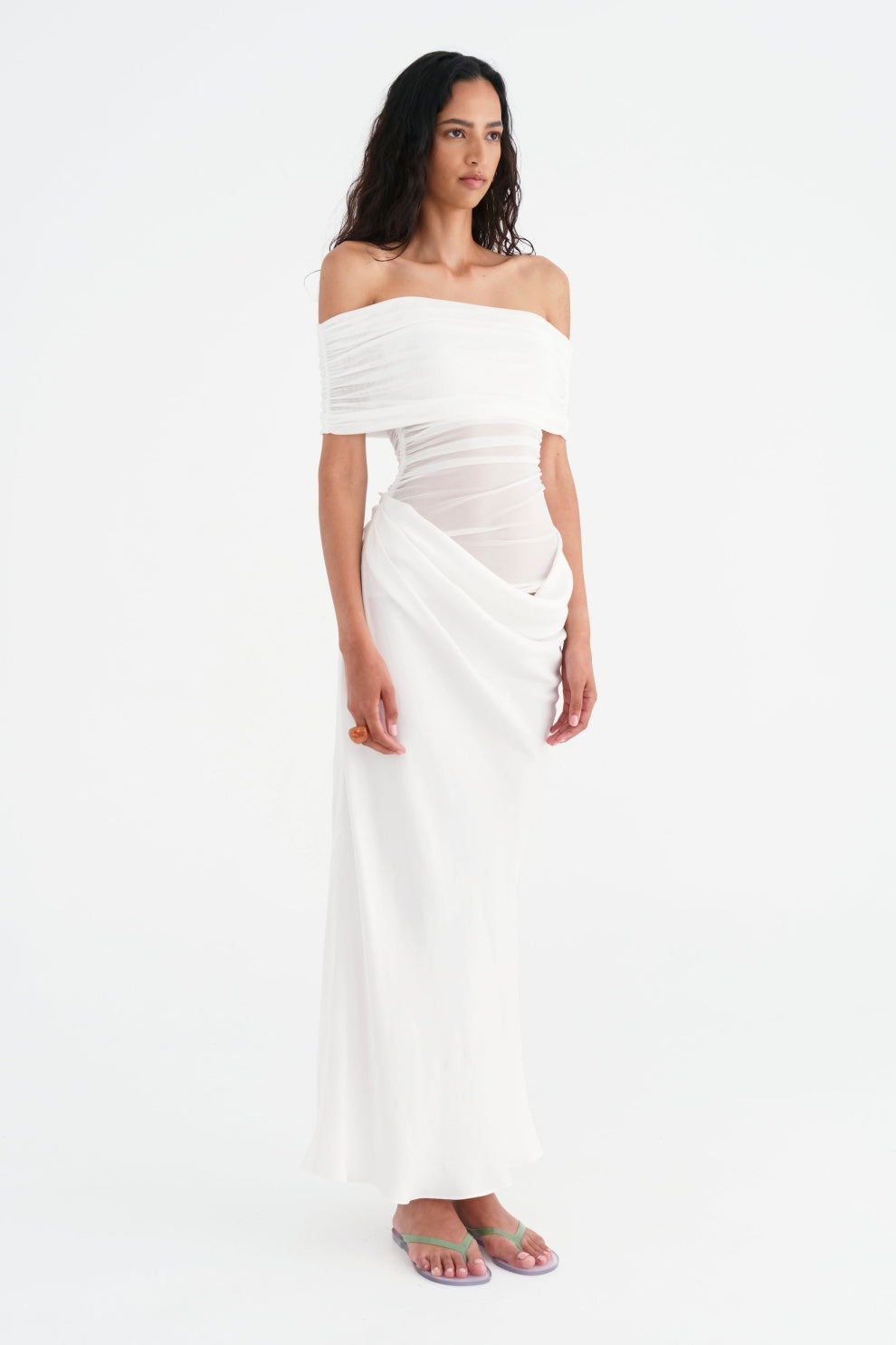 Off Shoulder Ruched Mesh Waist Panel Draped Overlay Maxi Gown