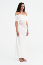 Off Shoulder Ruched Mesh Waist Panel Draped Overlay Maxi Gown