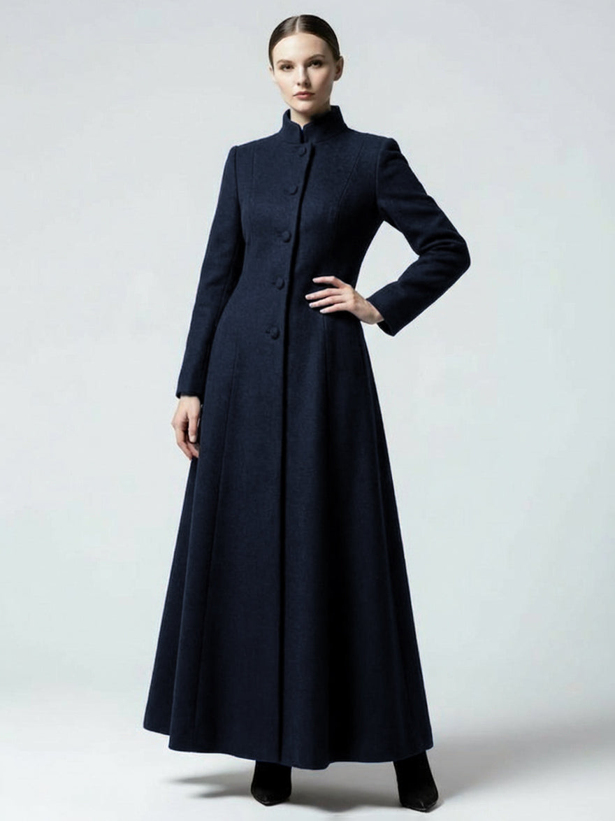 Maxi Wool Blend A-Line Coat with Stand Collar For Women 2026
