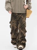 Leopard Print Pocket Overalls Cargo Jeans